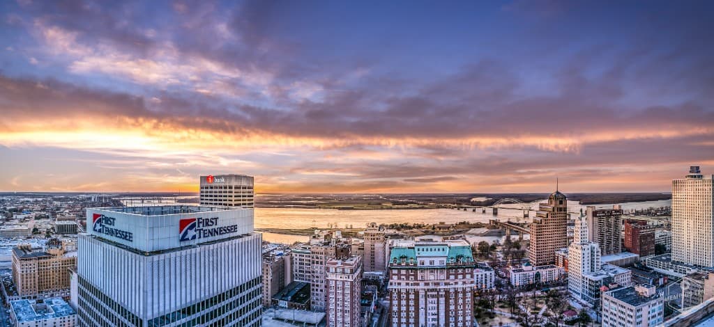 Downtown Memphis skyline at sunset